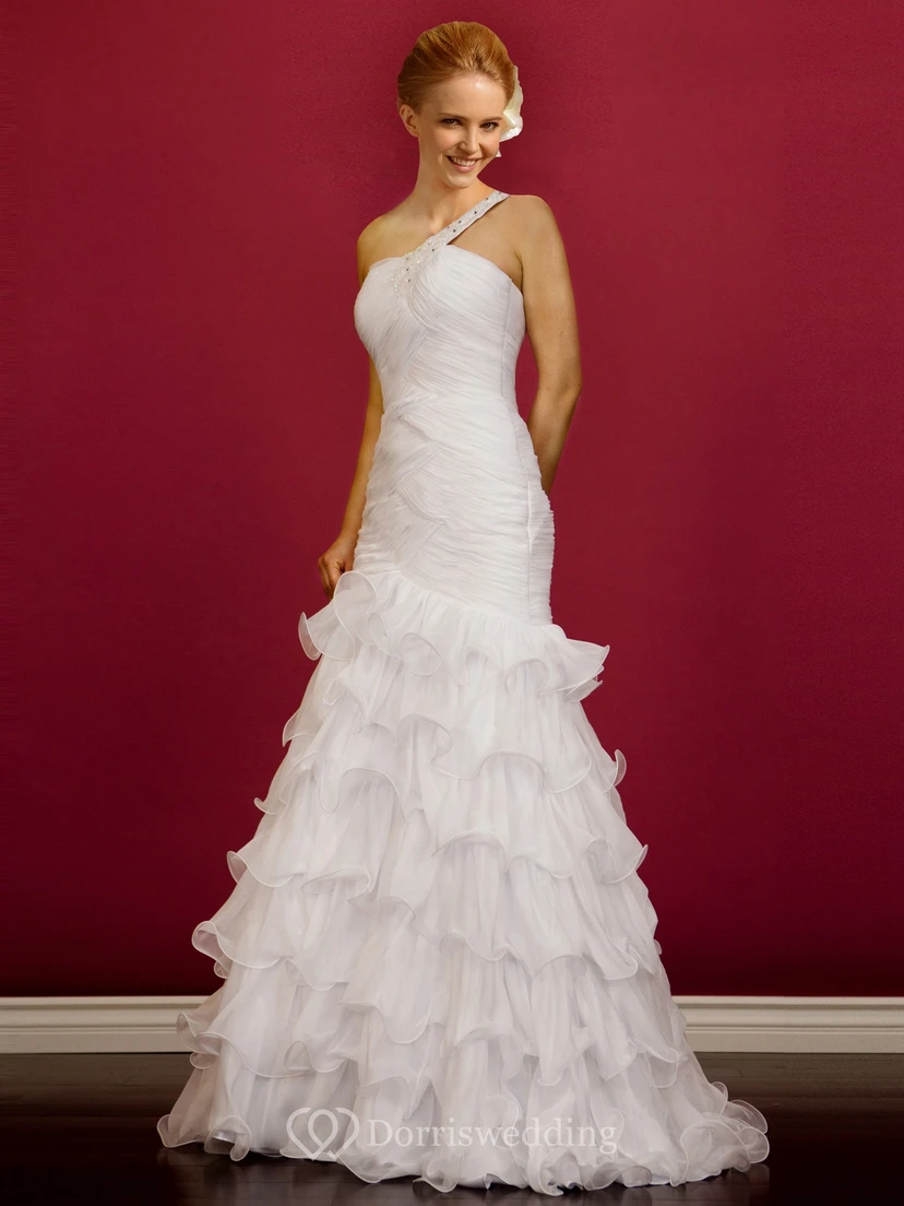 A-Line Maxi One-Shoulder Sleeveless Organza Dress With Tiers And Ruching