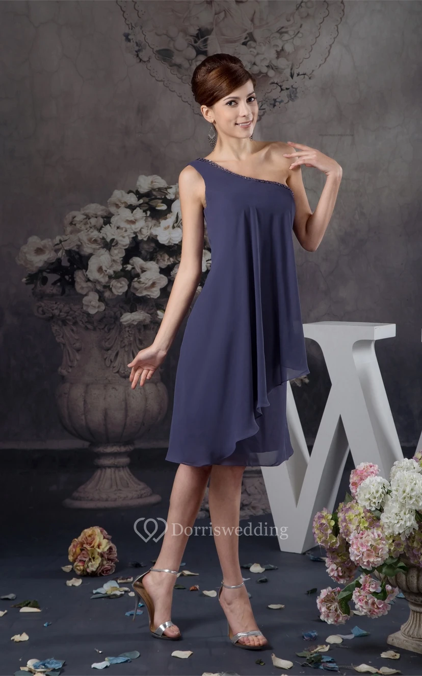 One-Shoulder Knee-Length Chiffon Draping and Dress With Beading view 8