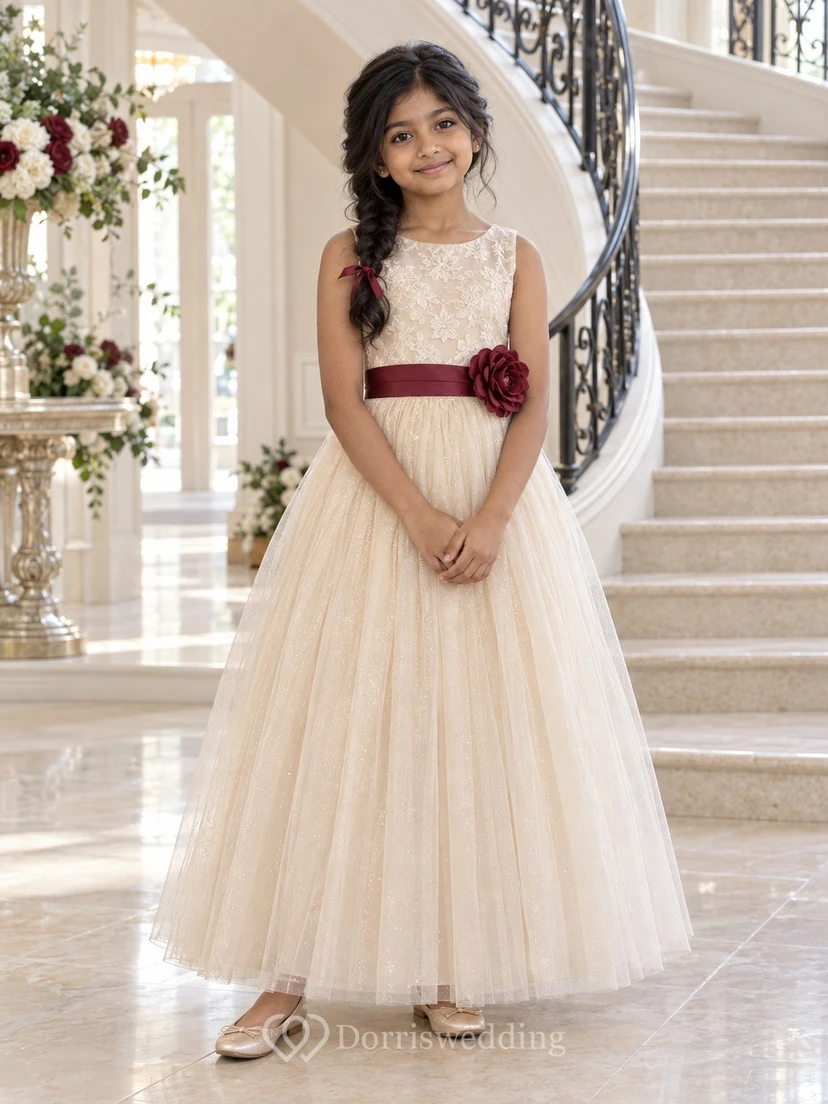 Ivory Floral A-line Tulle Sleeveless Ankle-length Burgundy-sashed Rosette-waist Flower Girl Dress