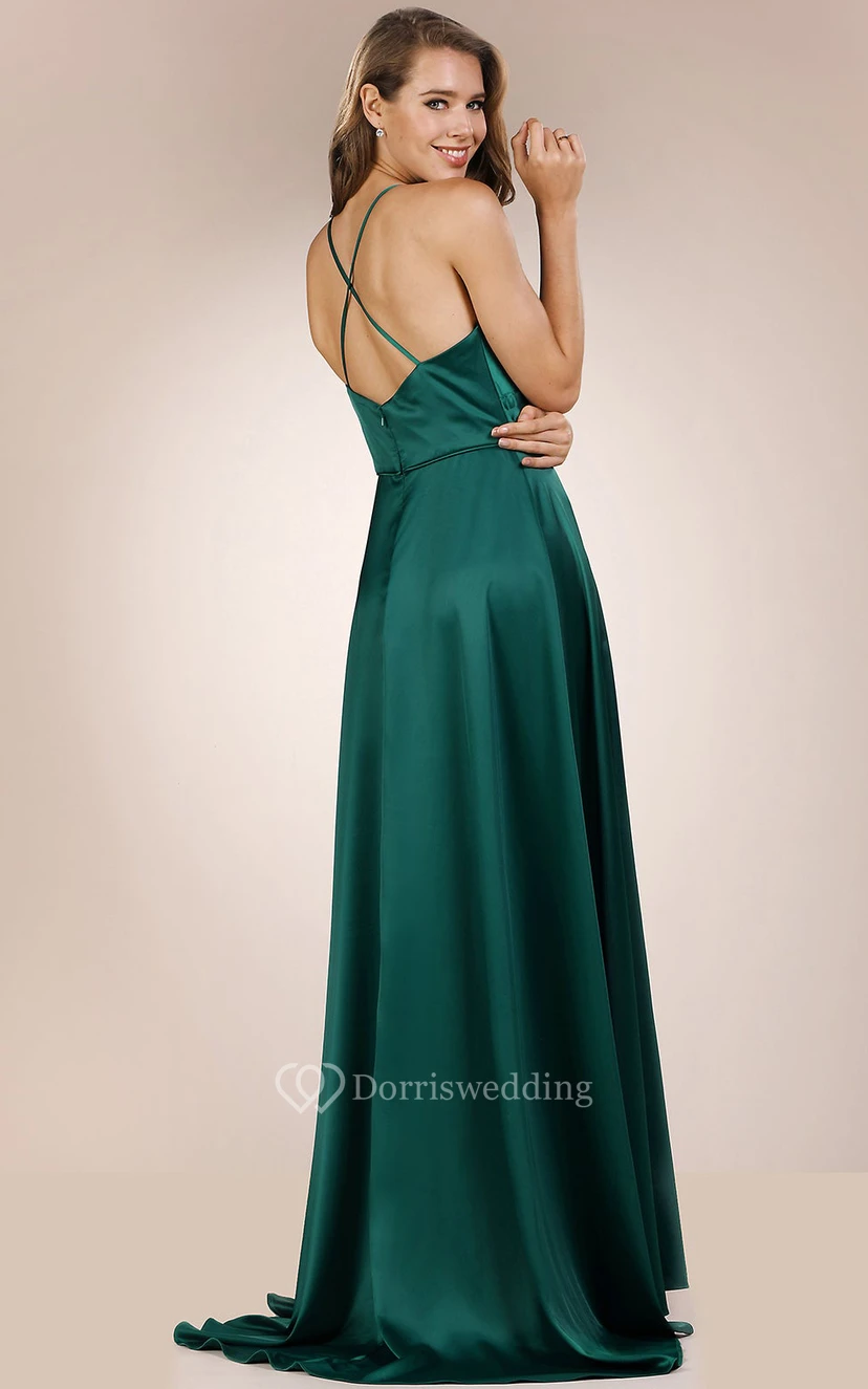 Robe de soirée moderne sans manches, longue jusqu'au sol, coupe trapèze, dos nu, en satin, avec fente sur le devant view 2