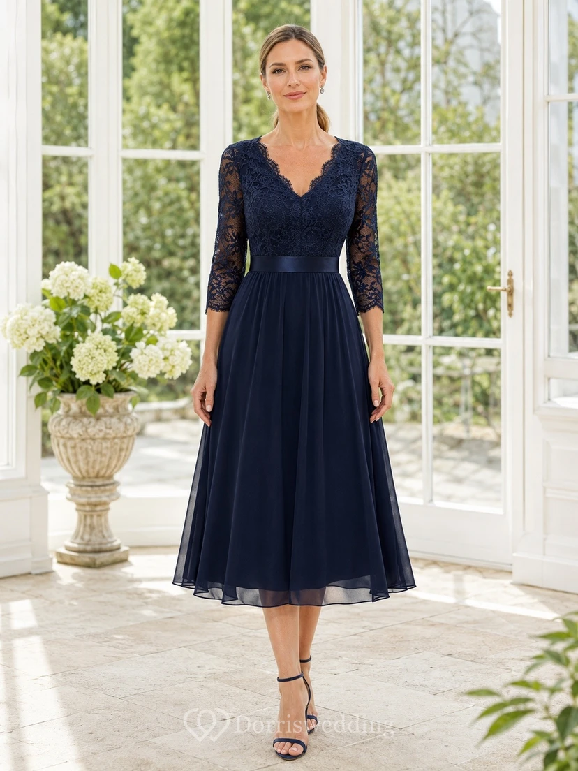 Ink Navy V-Neck Three-Quarter Lace Sleeve Tea-Length Dress