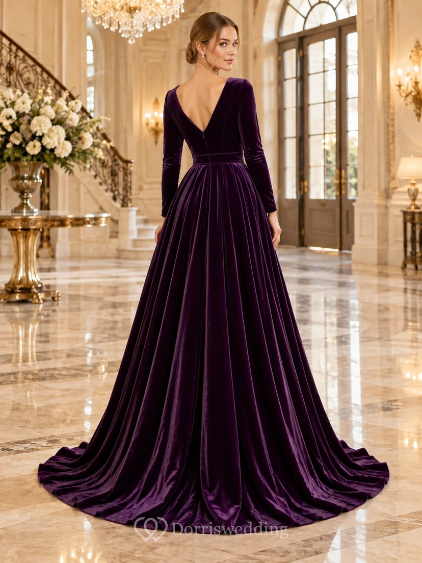 Long Sleeve Grape V-neck Velvet Full Skirt Formal Evening Dress view 2