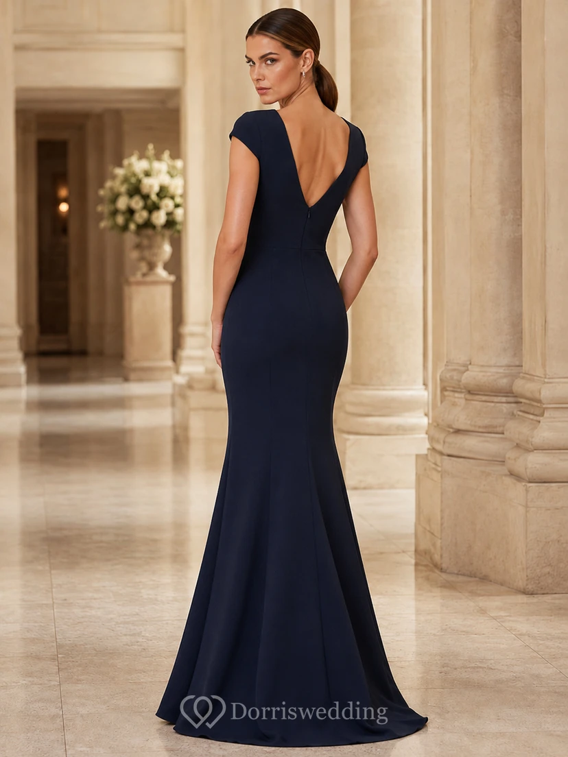 Vestido de sirena azul marino oscuro con escote cuadrado y lazo negro view 2