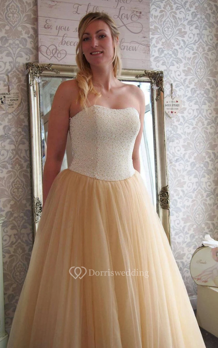 Tulle A-Line Strapless Gown With Lace-Up Back and Beaded Bodice view 3
