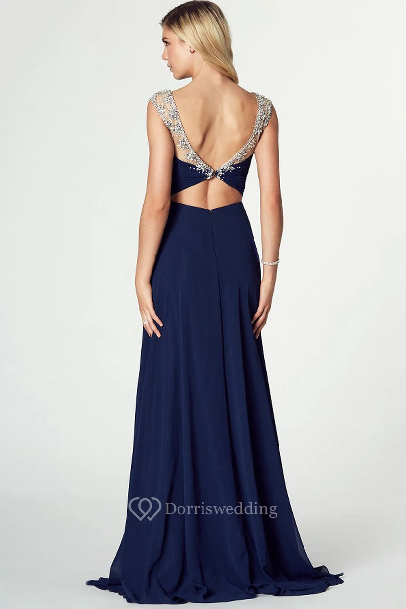 Sheath Bateau Neck Criss-Cross Sleeveless Chiffon Prom Dress view 2
