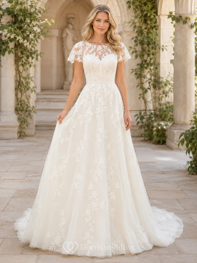 Temple Illusion Lace Flutter Sleeve A-Line Wedding Dress