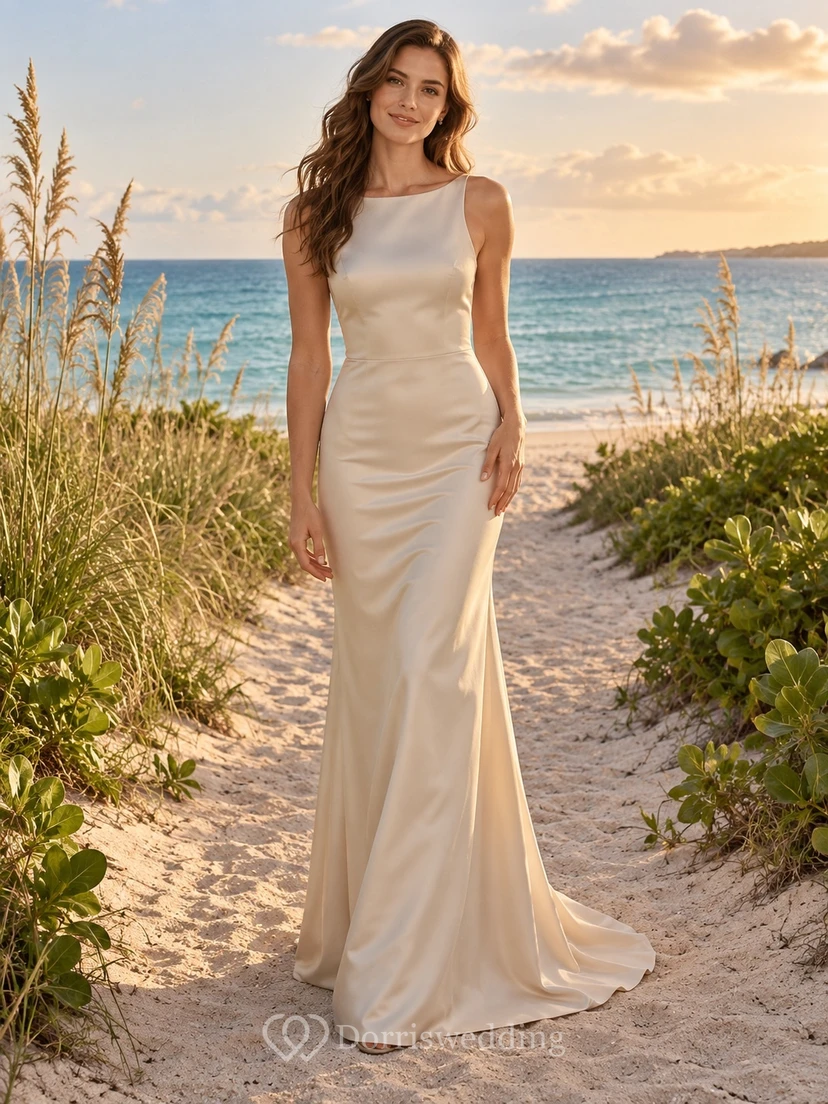 Brautkleid aus champagnerfarbenem Satin mit Meerjungfrauenschnitt, U-Boot-Ausschnitt, schlichtem ärmellosem Oberteil und Racerback-Rücken