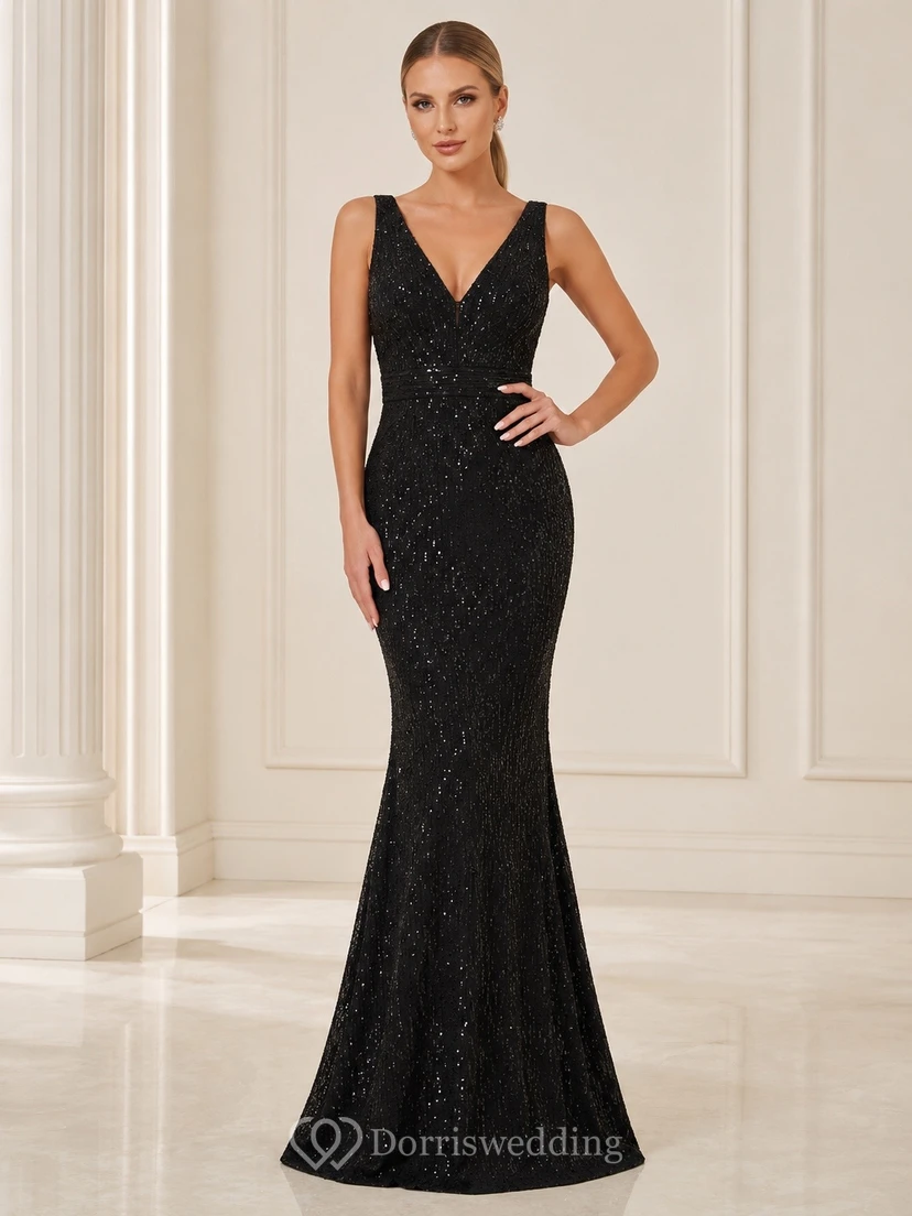 Black Sequin Deep-V Sleeveless Mermaid Floor-length Evening Guest Dress