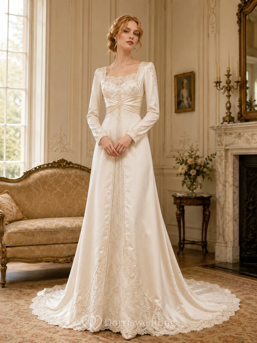 Robe de mariée édouardienne à col carré, manches longues en satin, plissée, coupe trapèze et traîne chapelle