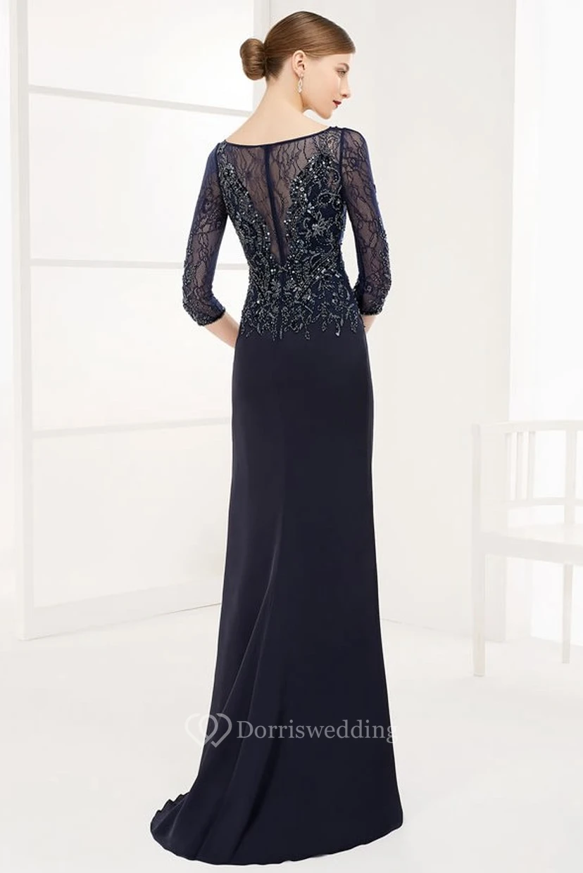 Sheath Floor-Length Beaded Half-Sleeve Scoop-Neck Chiffon Prom Dress With Draping view 2