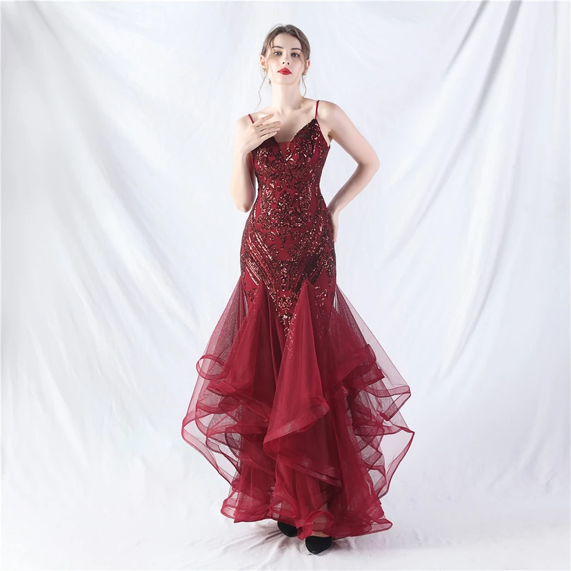 Vestido de actuación para celebración de baile caliente con cuentas de flores y posicionamiento de red rígida. view 20