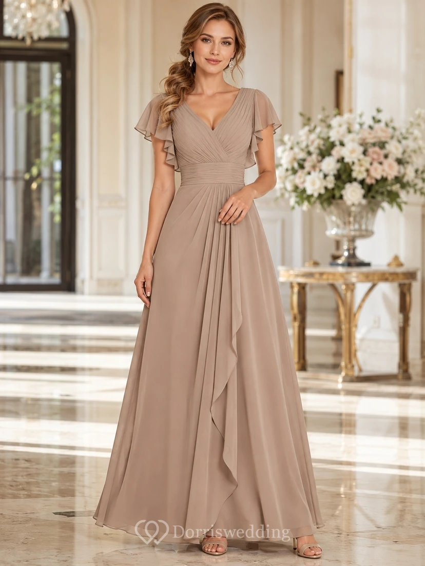Taupe V-Neck Flutter Sleeve Chiffon A-Line Floor-Length Romantic Formal Wedding Guest Dress