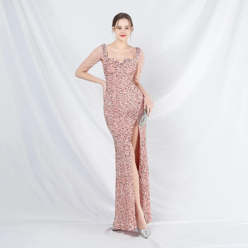 Ladies And Celebrities Formal Occasions Velvet-Bottomed Hand-Beaded Long Evening Dress view 5