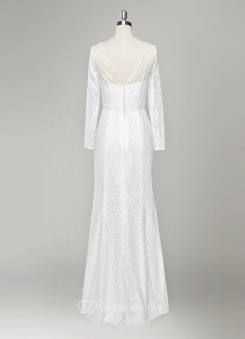 V-Neck Long Sleeve Sheath Lace Wedding Dress view 2