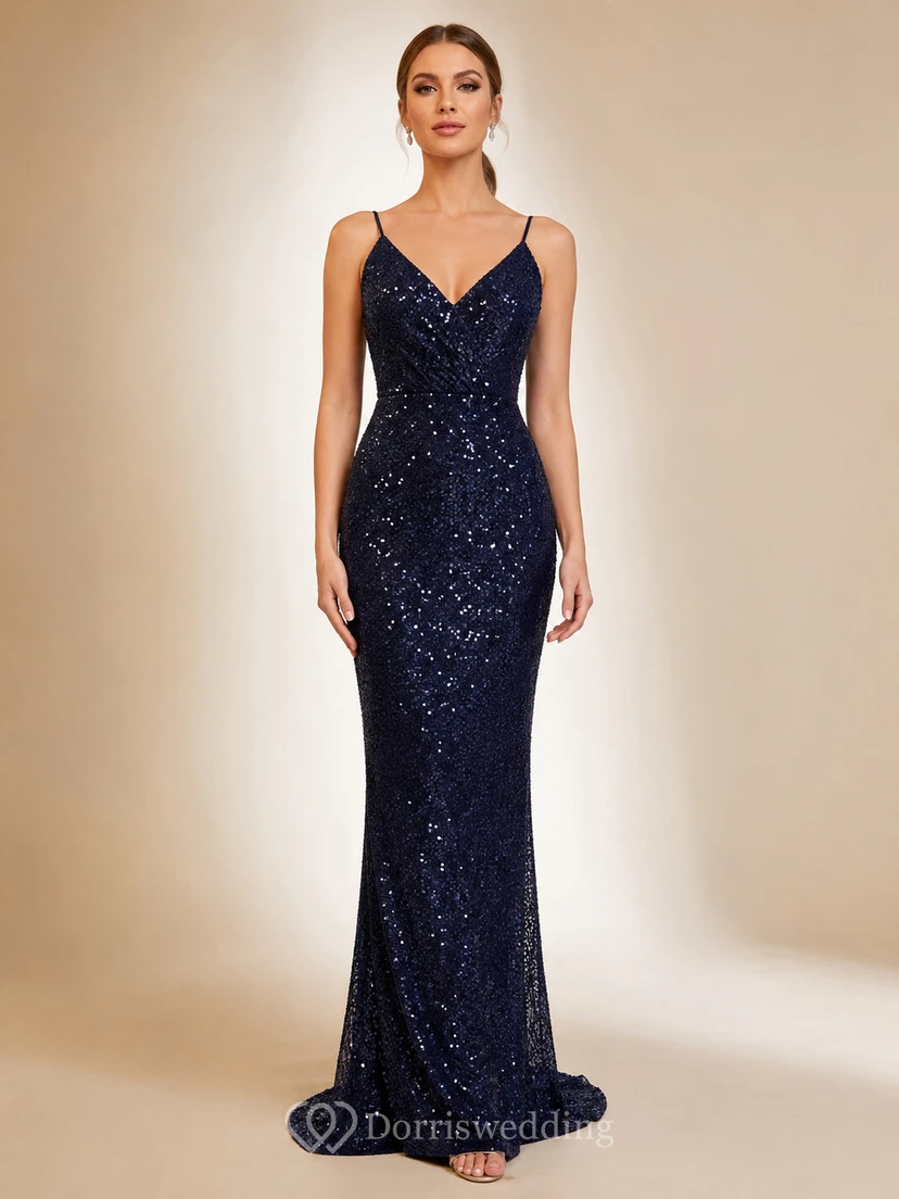 Dark Navy Spaghetti Sequin Petite Mermaid Dress