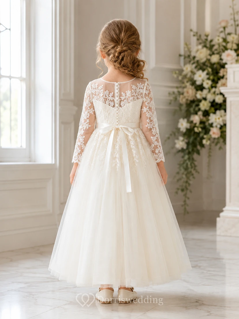 Lace Long Sleeve Illusion Neck Tulle Floor-Length A-Line Formal Flower Girl Dress view 2