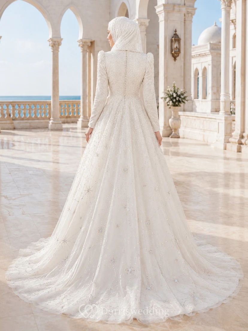 Schlichtes muslimisches Brautkleid mit langen Ärmeln und himmlischem Sternenmuster view 2