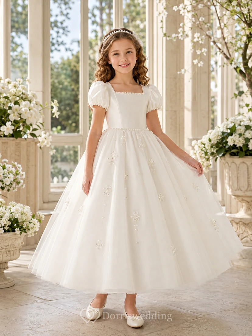 Vestido de niña de las flores, color marfil, tul, corte en A, mangas abullonadas, cuello cuadrado, largo hasta la rodilla, plisado.