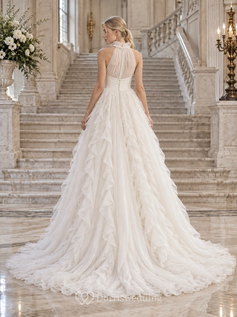 Brautkleid mit hohem Kragen, Neckholder, Chiffon, fließenden Rüschen und taillierter A-Linie view 2