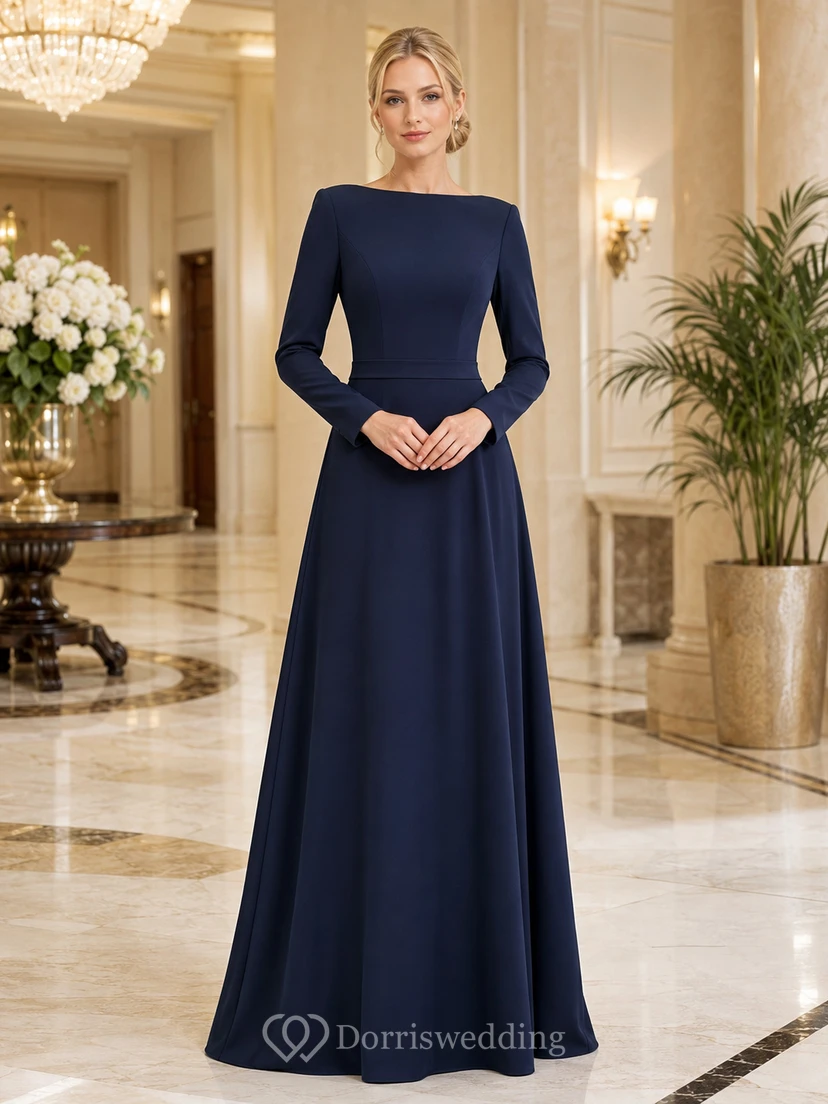 Navy Bateau Long Sleeve Floor Length A Line Formal Dress