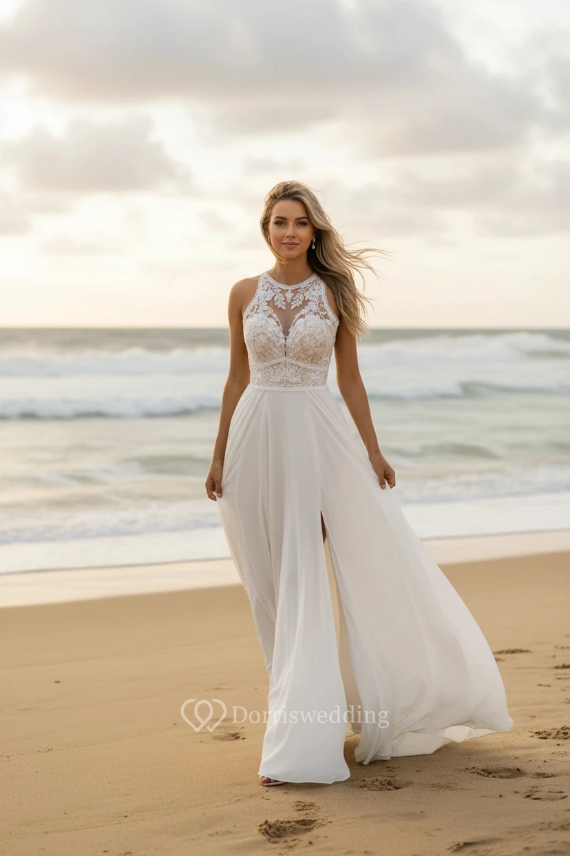 Scoop Neck Sheer Lace Beach Wedding Dress with Slit