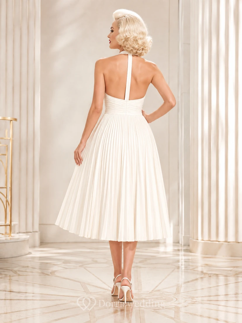 Weißes Marilyn Neckholder-Teekleid mit Herzausschnitt, Falten und Vintage-A-Linien-Schnitt view 2