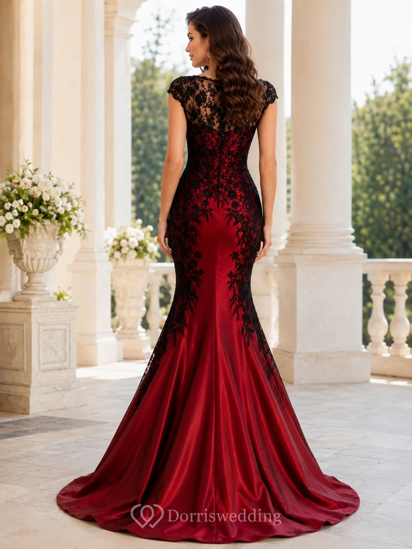 Red Black Sweetheart Cap Sleeve Lace Mermaid Sweep Train Luxury Formal Dress view 2