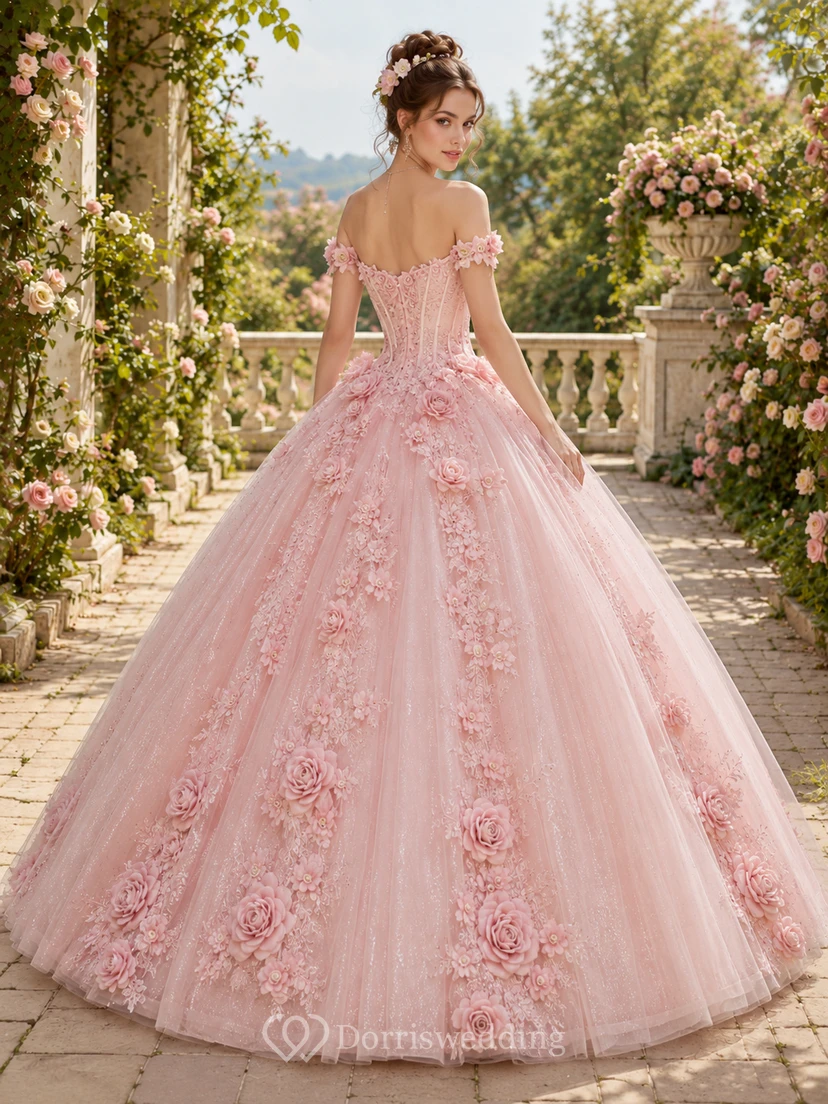 Blushing Pink Luxury Off Shoulder Sculpted Rose Applique Quinceanera Princess Ball Gown view 2