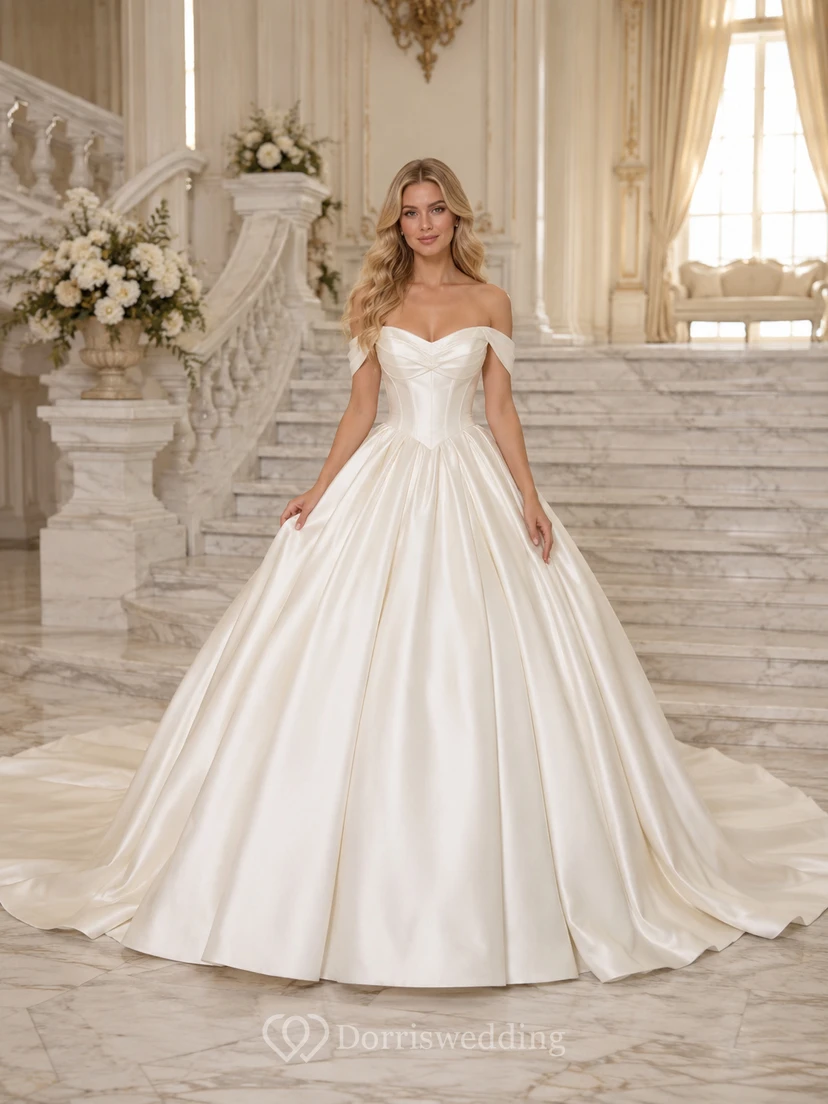 Brautkleid aus Satin, A-Linie, schulterfrei, kurze Ärmel, Kapellenschleppe