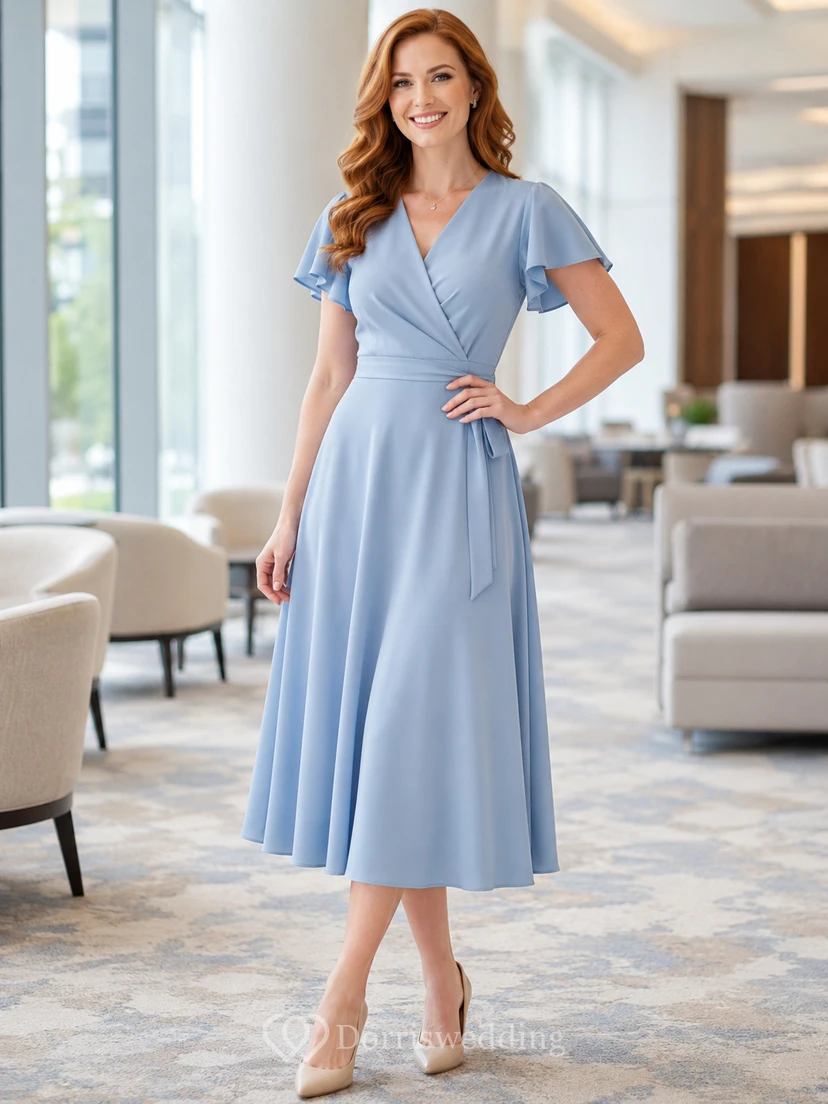 Pale blue flutter sleeve V-neck wrap A-line conference dress