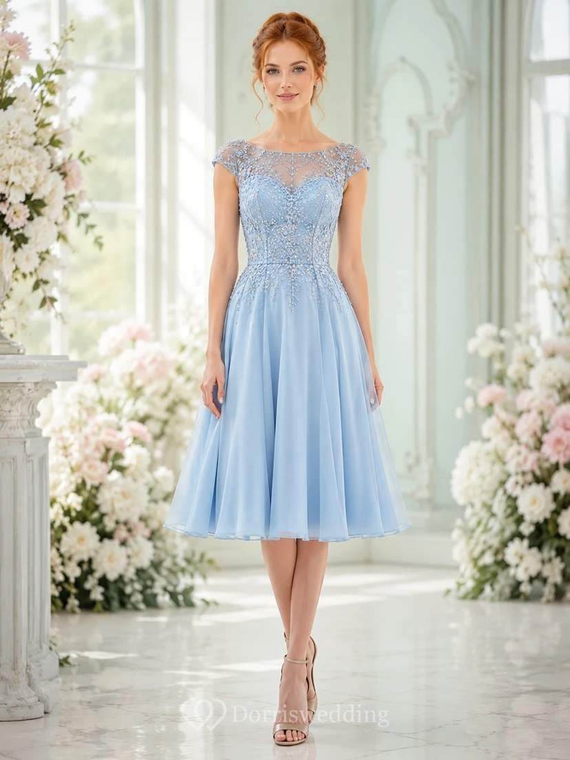 Himmelblaues, schulterfreies Chiffon-Kleid mit A-Linien-Schnitt, Teelänge und Spitzenoberteil mit Rundhalsausschnitt.