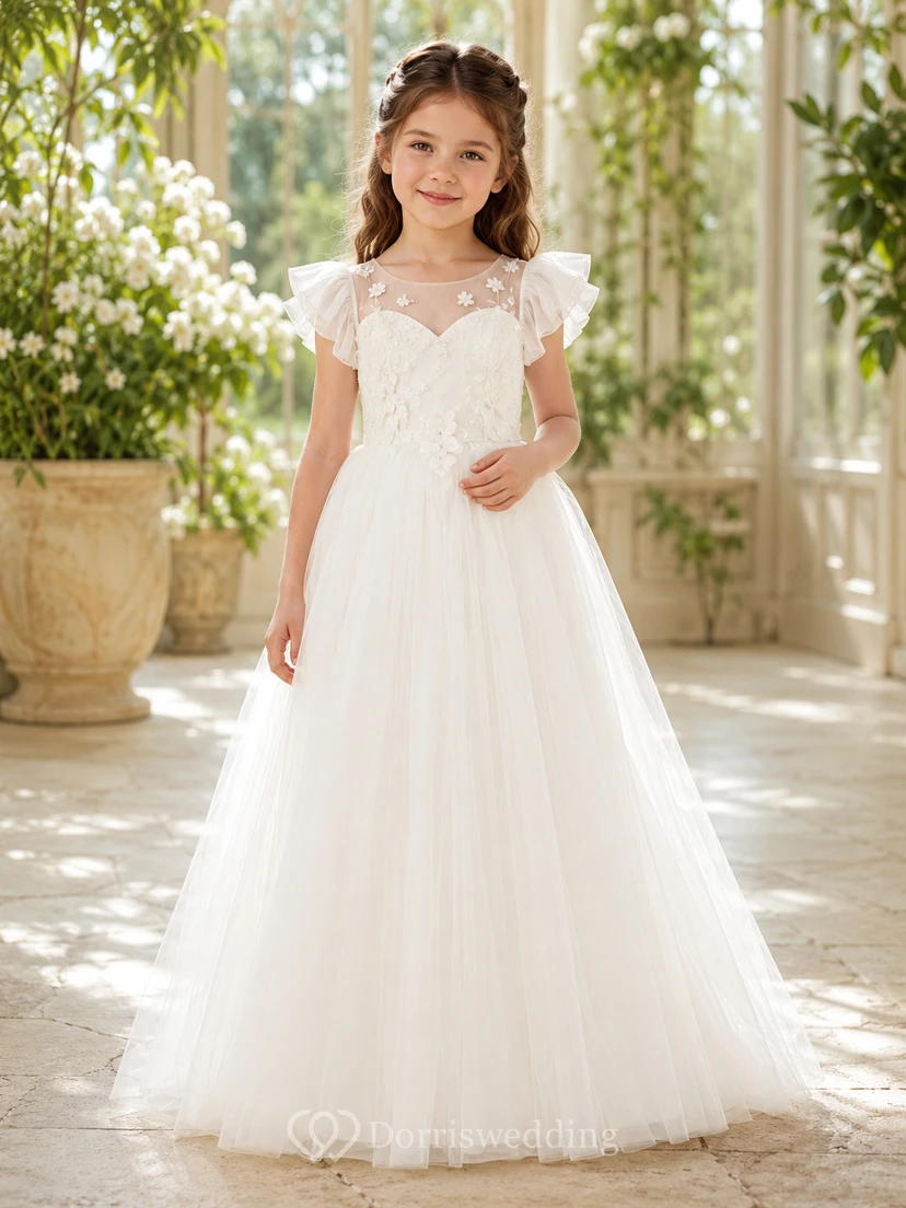Flower Girl Dress White Tulle A-Line Flutter Sleeve Scoop Neck Floor Length Applique