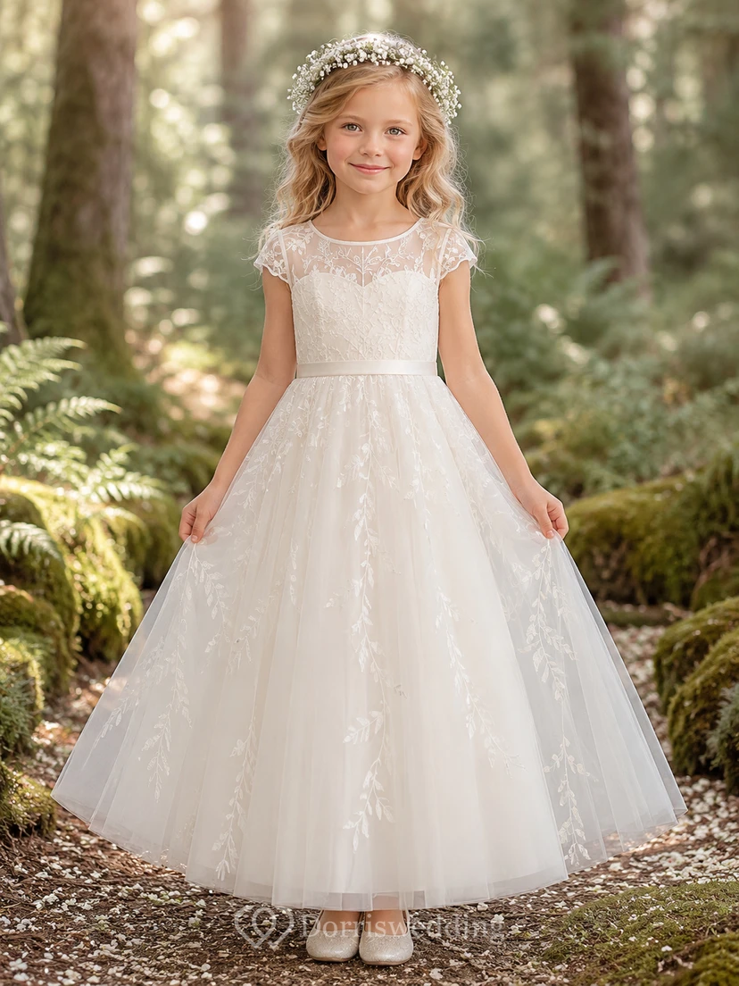 A-Line Flowergirl Lace Tulle Floor-Length Cap Sleeve Woodland Wedding Dress