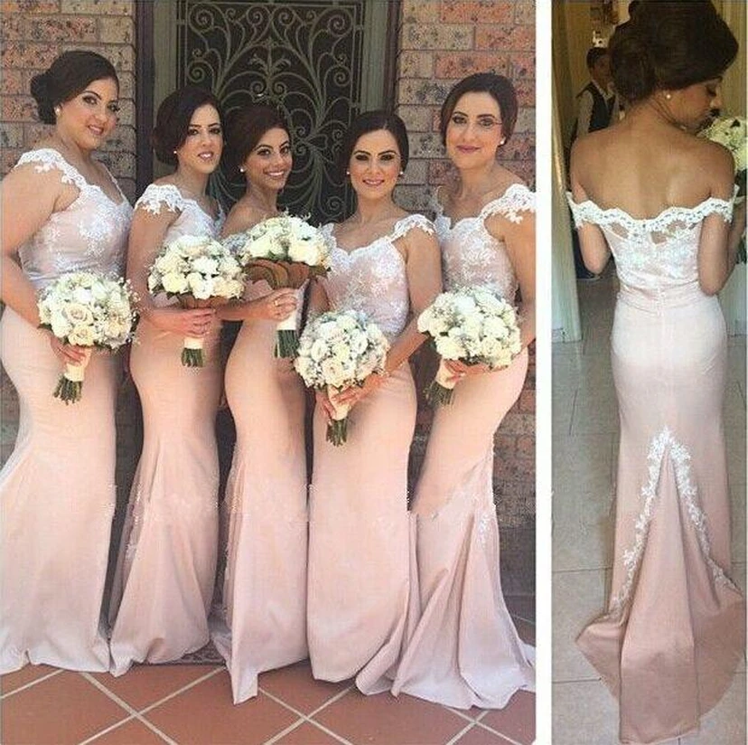 Elegantes, schulterfreies Meerjungfrauen-Brautjungfernkleid in Rosé, bodenlang mit Spitzenapplikationen view 2