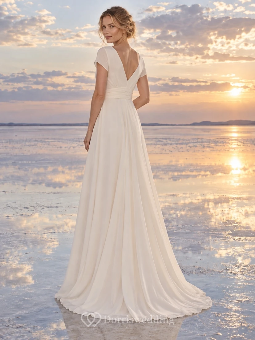 Einfaches Brautkleid aus Chiffon mit V-Ausschnitt, kurzen Ärmeln und Wickeloberteil in A-Linie view 2