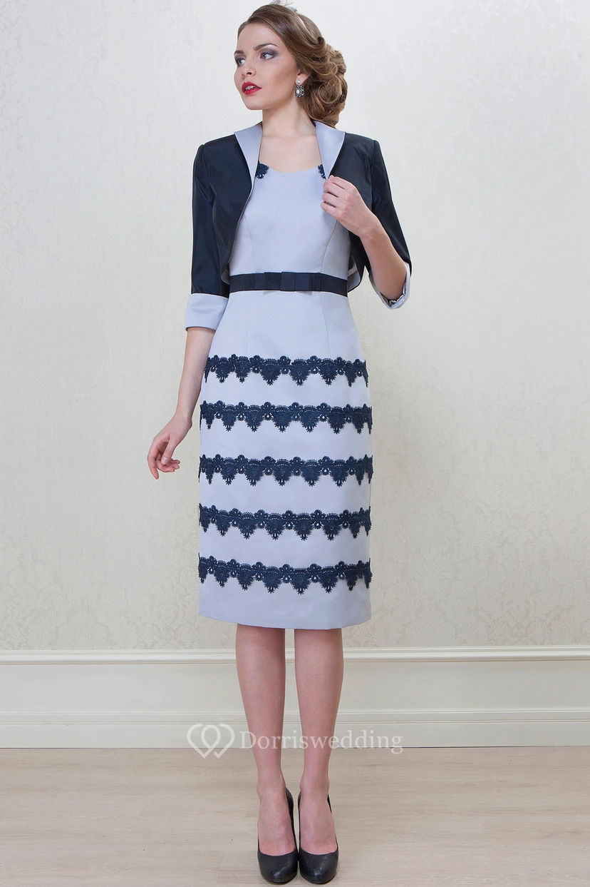 Knee-Length Pencil Square Neck Cap Sleeve Appliqued Satin Mother Of The Bride Dress view 3