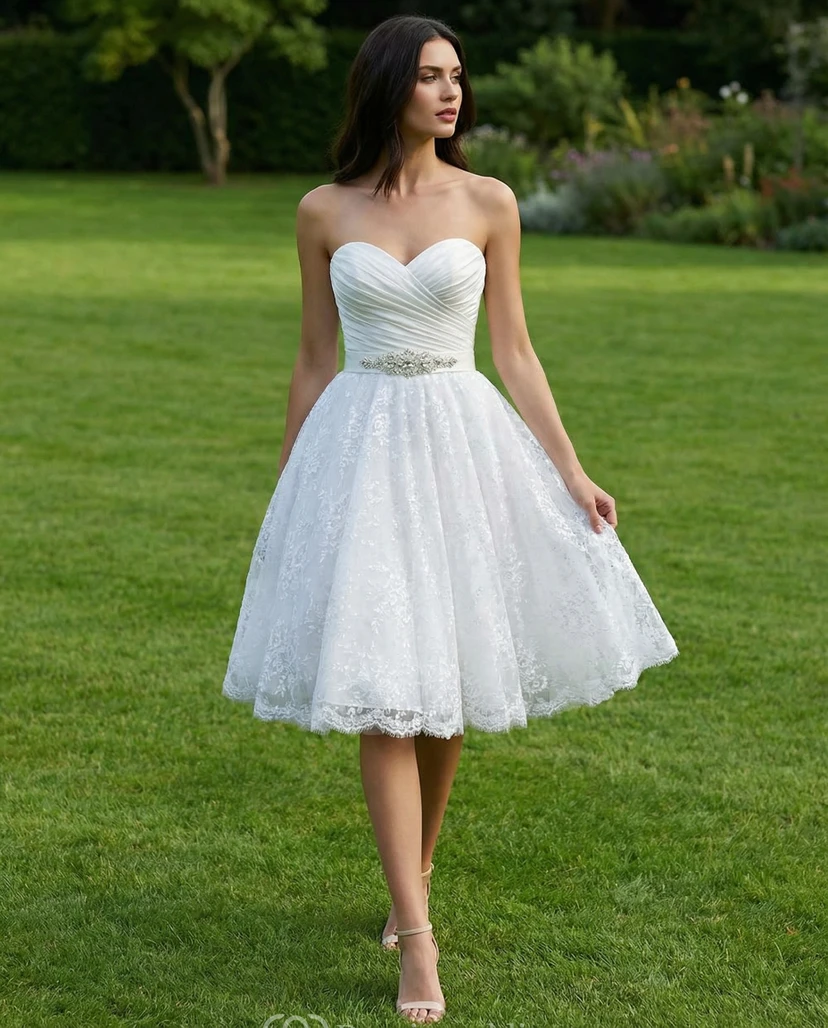 Vestido de novia midi con fajín estilo princesa