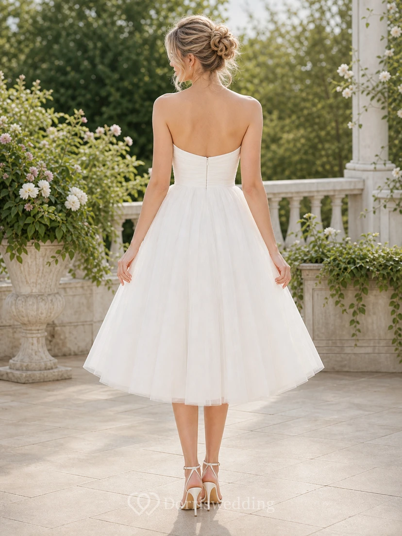 Tea-length Strapless A-line Simple Beach Ruched Casual Wedding Dress view 4