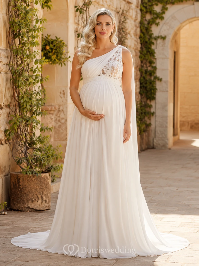 Umstandskleid mit One-Shoulder-Schulter und Spitzenoberteil für Hochzeiten im Ausland
