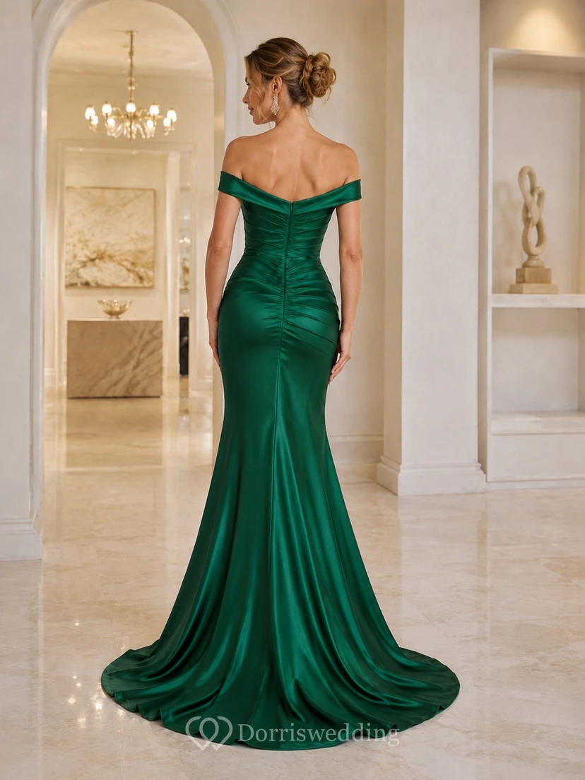 Smaragdgrünes Satin-Abendkleid mit schulterfreiem Rücken, kurzen Ärmeln und Meerjungfrauenschnitt, bodenlang, mit Schleppe view 2