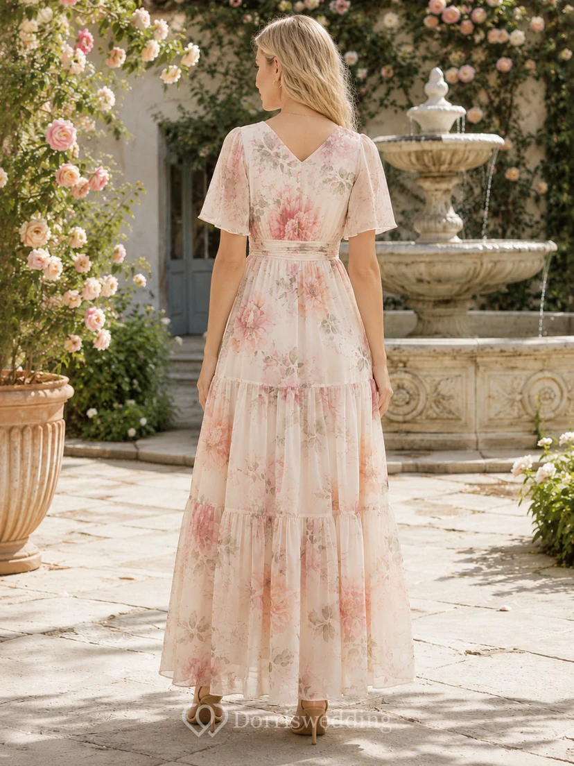 Watercolor Floral V Neck Flutter Sleeve Tiered Maxi Dress view 2