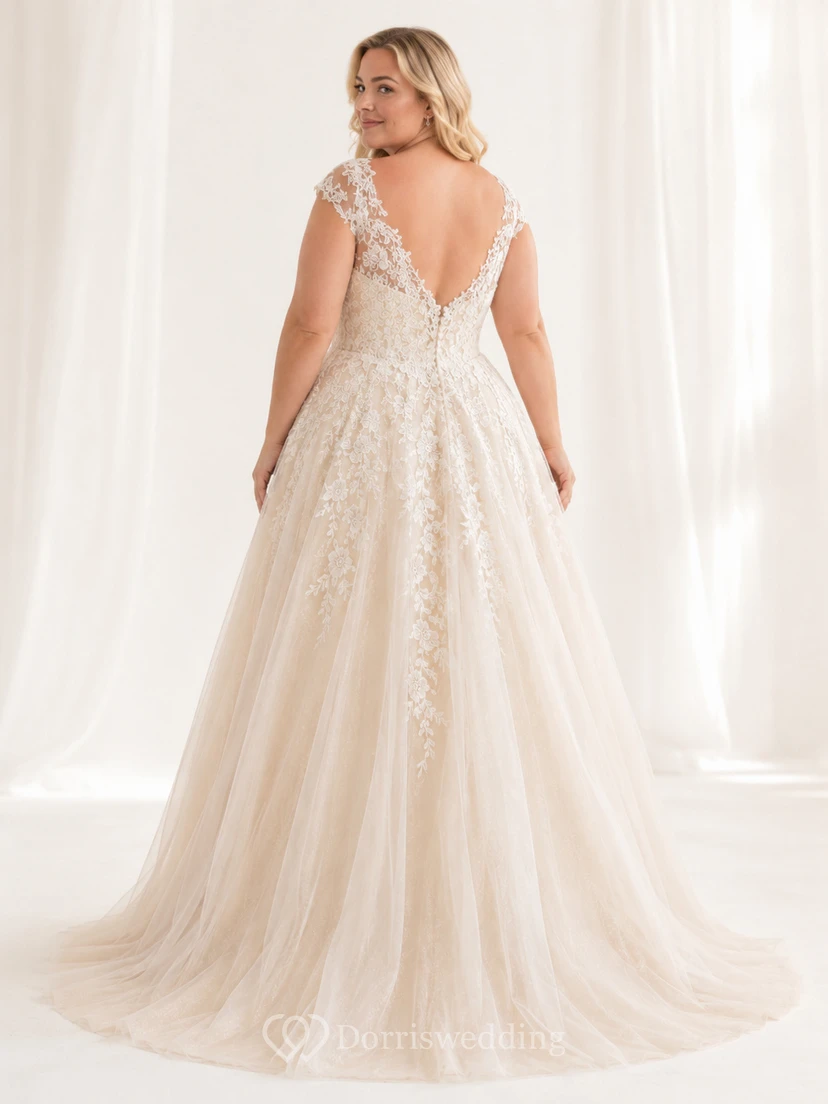 Champagnerfarbenes Brautkleid in Übergröße mit V-Ausschnitt, Spitze und A-Linien-Schnitt view 2