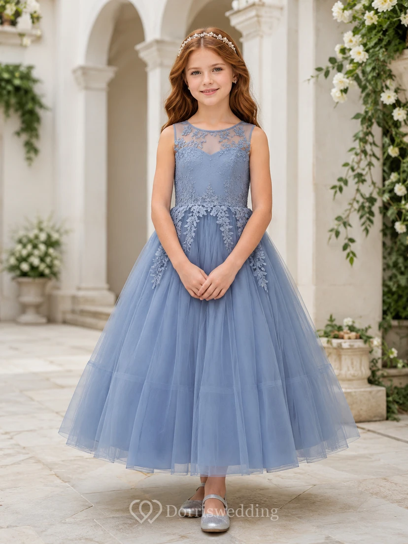 Steel Blue Flower Girl Dress Elegant Ankle-Length Ball Gown Sleeveless Illusion Sweetheart Lace Applique Tulle