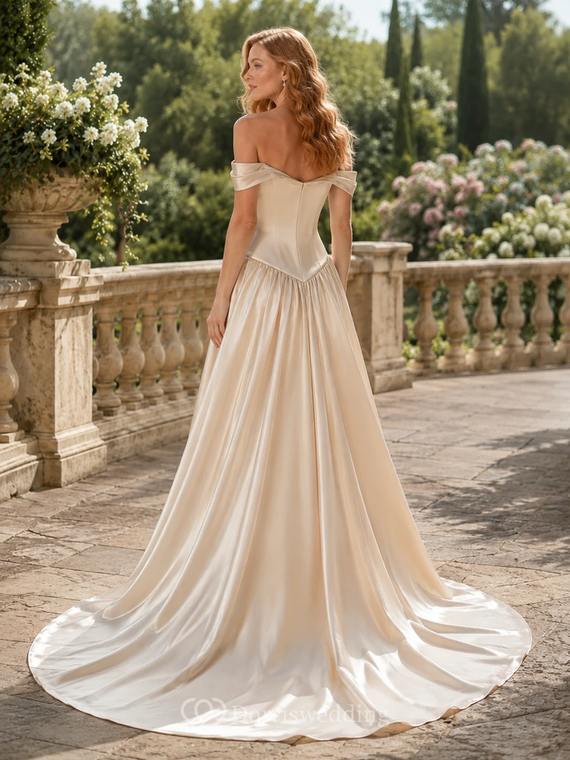 Off Shoulder Natural Waist Satin Pleated Ball Bridal Gown view 2