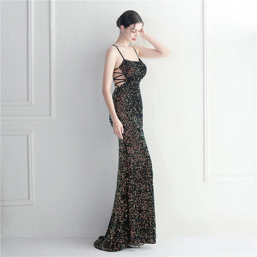 Vestido largo de noche con cola de pez, estilo europeo y americano, con lentejuelas y parte inferior de terciopelo. view 62