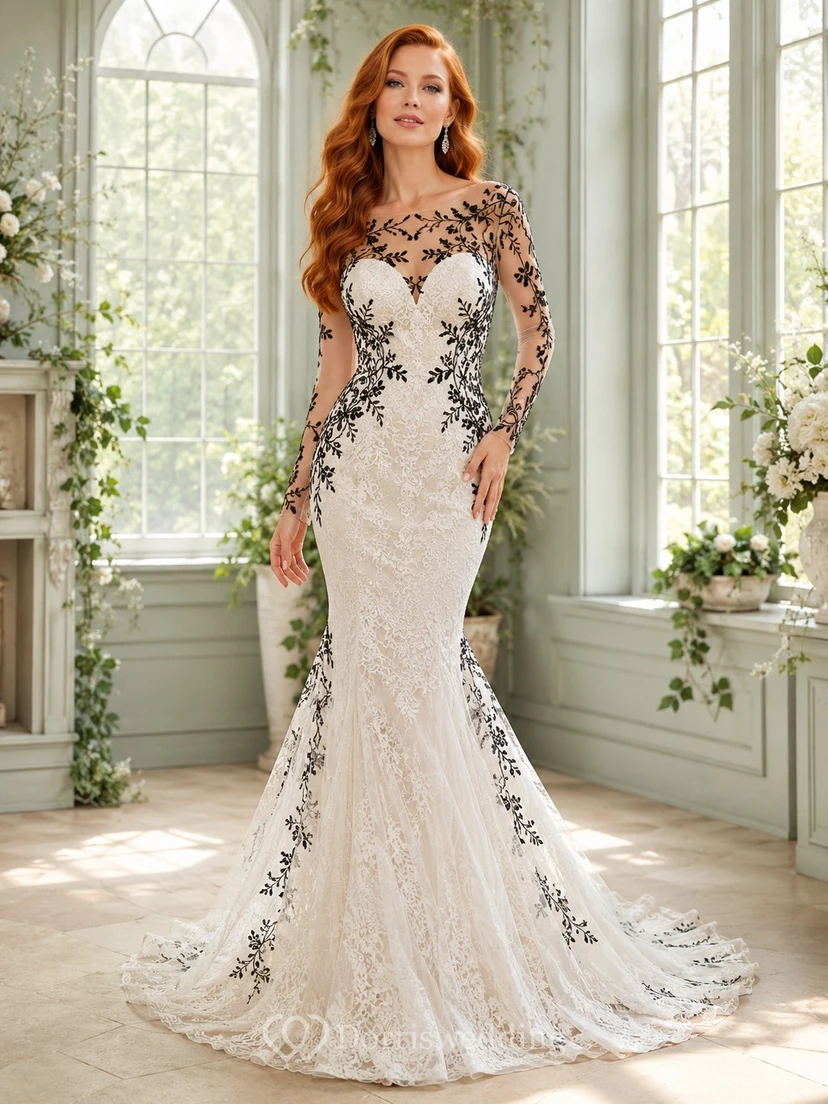 Schwarzes, romantisches Brautkleid mit floraler Spitze, U-Boot-Ausschnitt, langen Ärmeln, Meerjungfrauen-Schleppe und Schleppe