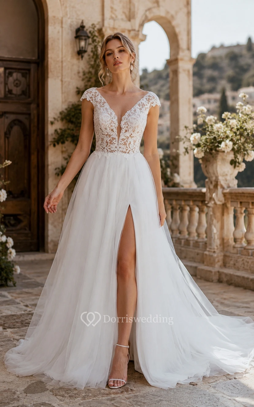Robe de mariée blanche en dentelle, coupe trapèze, col V et fente sur le devant
