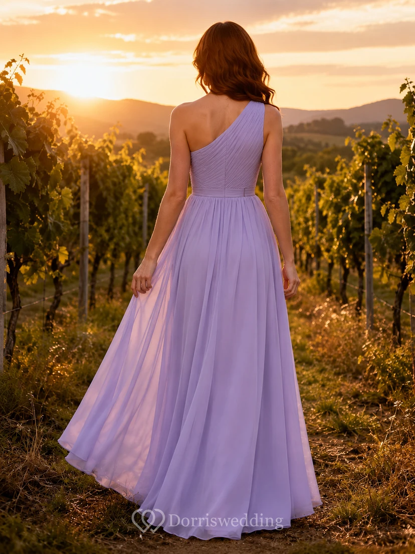 Lavender Chiffon A-Line One-Shoulder Sleeveless Pleated Zip Back Floor-Length Bridesmaid Dress view 2