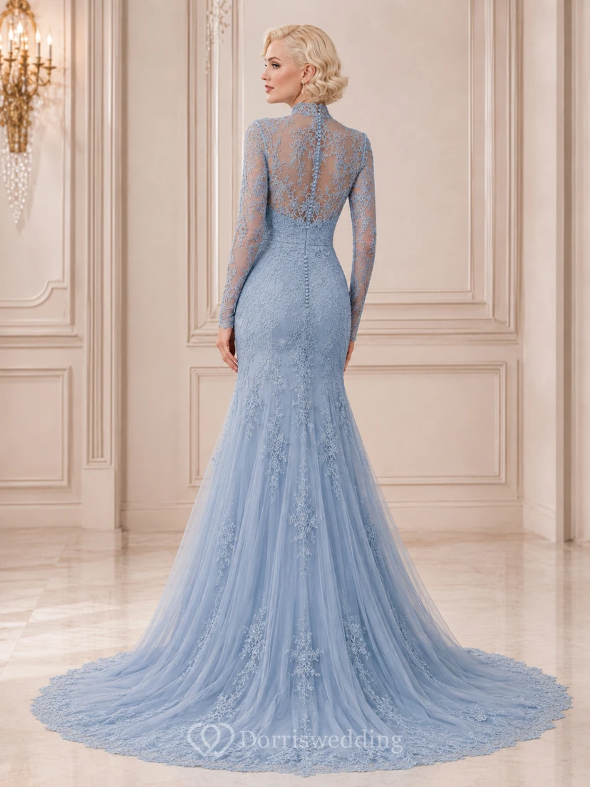 Robe de mariée sirène bleu ardoise de luxe, col montant, manches longues en dentelle illusion, coupe sirène, col montant et manches longues en dentelle illusion. view 2