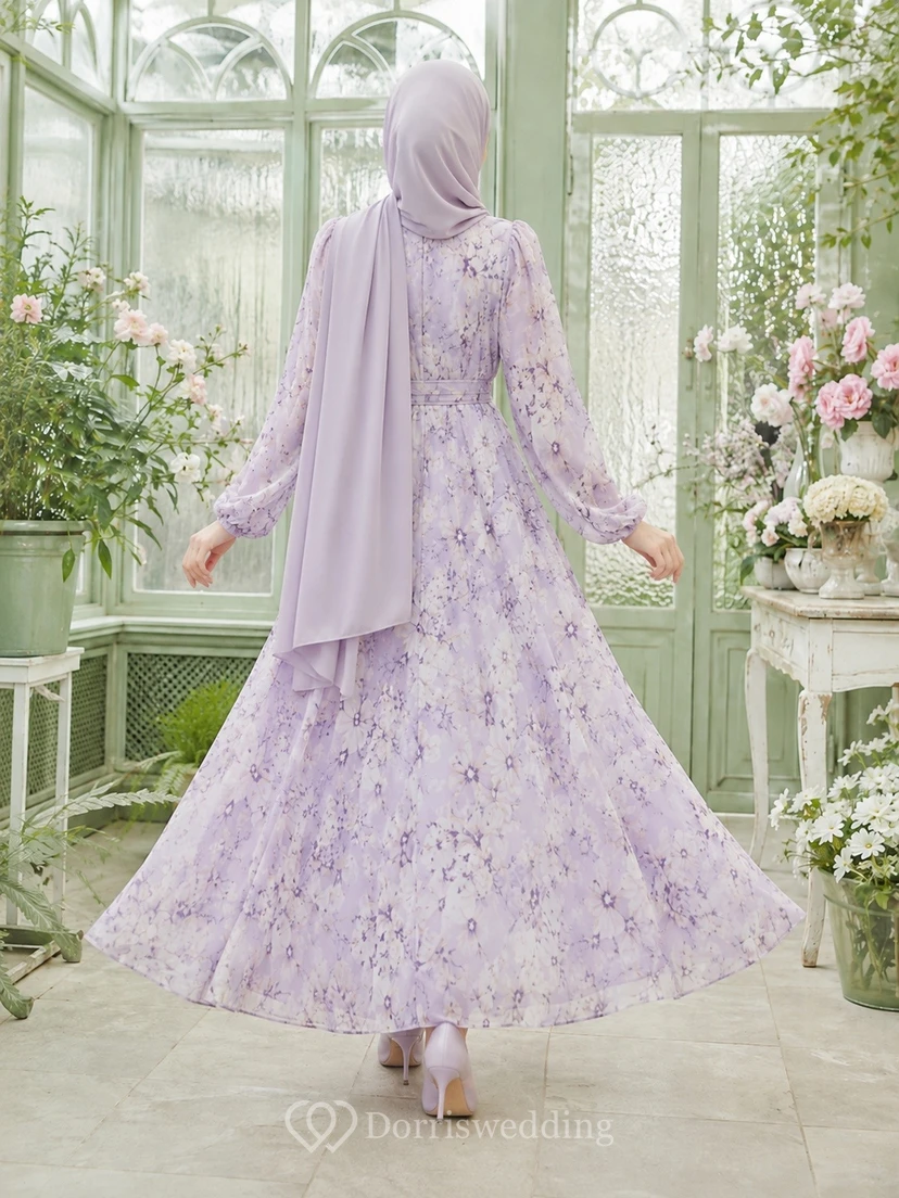 Lilac Floral Chiffon High Neck Long Sleeve Modest Maxi Dress view 2